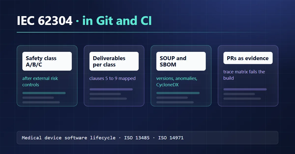 IEC 62304 for software teams: safety classes, required deliverables and how to fit them into Git and CI
